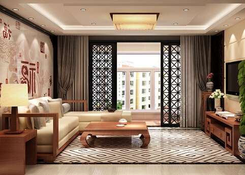 传统家具、装饰品及黑、白、灰为主的装饰色彩上。室内多采用对称式的布局方式，格调高雅，造型简朴优美，色彩浓重而成熟。
