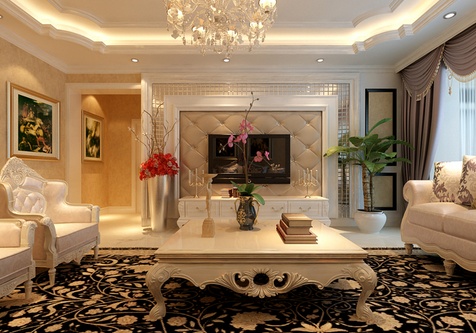客厅整体设计以浅色为主，深色点缀，整体的色彩搭配显得温馨和谐，不仅温馨舒适，更增添一分华丽与浪漫。