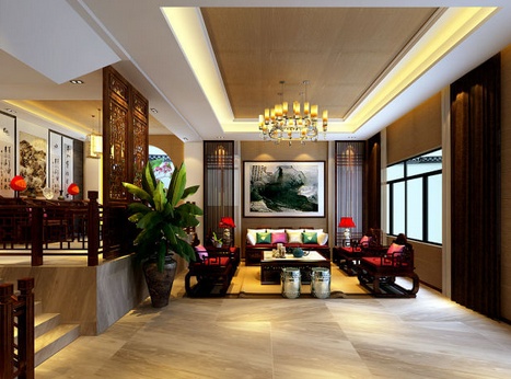 中国传统的室内设计融合了庄重与优雅双重气质。现代的中式风格更多的利用了后现代手法，客厅里摆一套明清式的红木家具，墙上挂一幅中国山水画，传统的书房自然烧不来书柜、书案以及文房四宝。中式风格的客厅具有内蕴的风格，为了舒服，中式的环境中也常常用到沙发，但颜色仍然体现着中式的古朴，中式这样表现使整体空间，传统中透着现代，现代中揉着古典。因此书法常常成就这种诗意的最好手段。这样躺在舒服的沙发上，任千年的故事顺指间流淌。