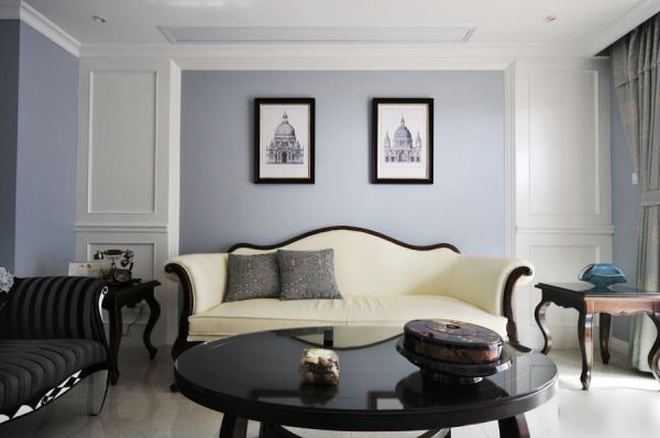 蓝色时尚复古美式客厅装潢案例