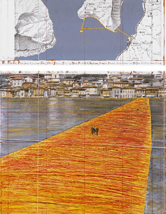 分为两部分的抽象拼贴画，完成时间：2014年尺寸：小图长30 1/2英寸宽12英寸，大图长30 1/2英寸宽26 1/4英寸(小图长77.5厘米宽30.5厘米，大图长77.5厘米宽66.7厘米)所用材料：铅笔、炭笔、粉蜡笔、蜡笔、织物、珐琅漆、由wolfgang volz拍摄的照片的剪切图、地图摄影：andré grossmann，照片版权归christo所有