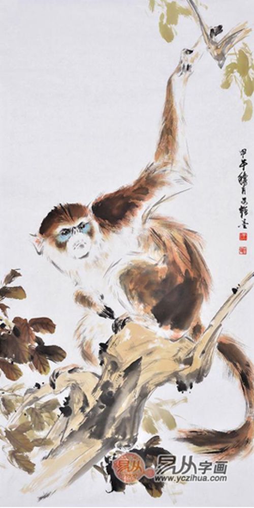 王文强四尺竖幅树上猴子《高瞻远瞩》     作品来源:易从字画动物画