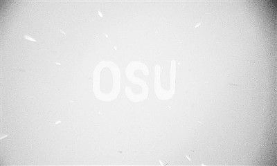 显微镜下可看见量子点发出的橙色光，显示为字母OSU（俄勒冈州立大学）