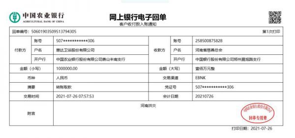 惠达卫浴捐款100万元驰援河南，为受灾惠达客户提供免费产品检修及换新服务！